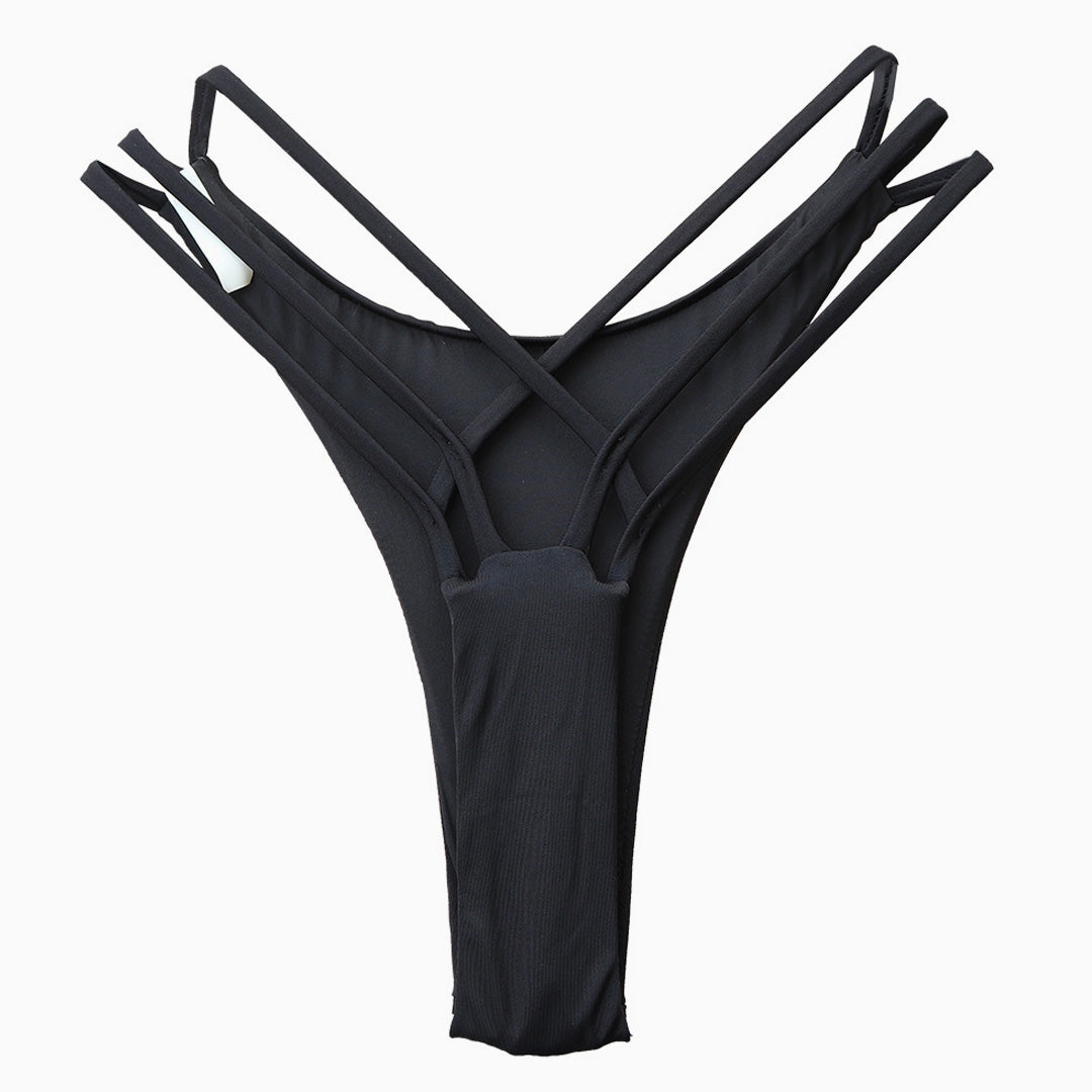 Brazilian Solid Cut  Out Crisscross Bikini Thong Bottom - Black