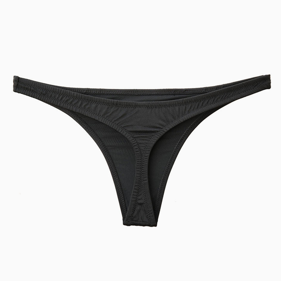 High Cut Ruched Bikini Thong Bottom - Black