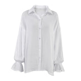 Breathtaking Textured Ruffle Drop Shoulder Button Up Collared Blouse - White