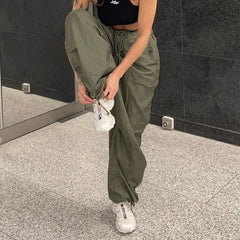 Casual Low Waist Drawstring Ruched Trim Baggy Cargo Pants - Green