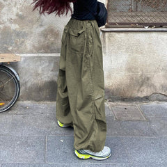 Casual Low Waist Drawstring Ruched Trim Baggy Cargo Pants - Green