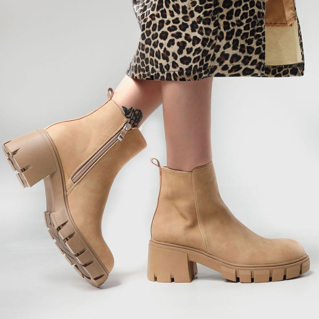Lug Sole Block Heel Ankle Boots - Khaki