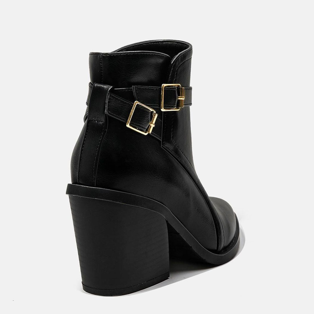 Pointed Toe Buckle Strap Block Heel Ankle Boots - Black