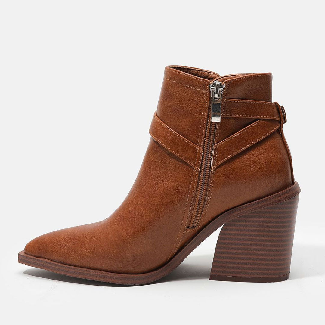 Pointed Toe Buckle Strap Block Heel Ankle Boots - Caramel