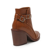 Pointed Toe Buckle Strap Block Heel Ankle Boots - Caramel