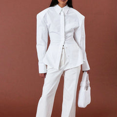 Button Up Shoulder Pad Pointed Collar Tie String Backless Blouse - White