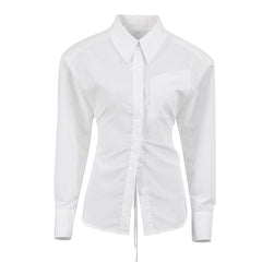 Button Up Shoulder Pad Pointed Collar Tie String Backless Blouse - White