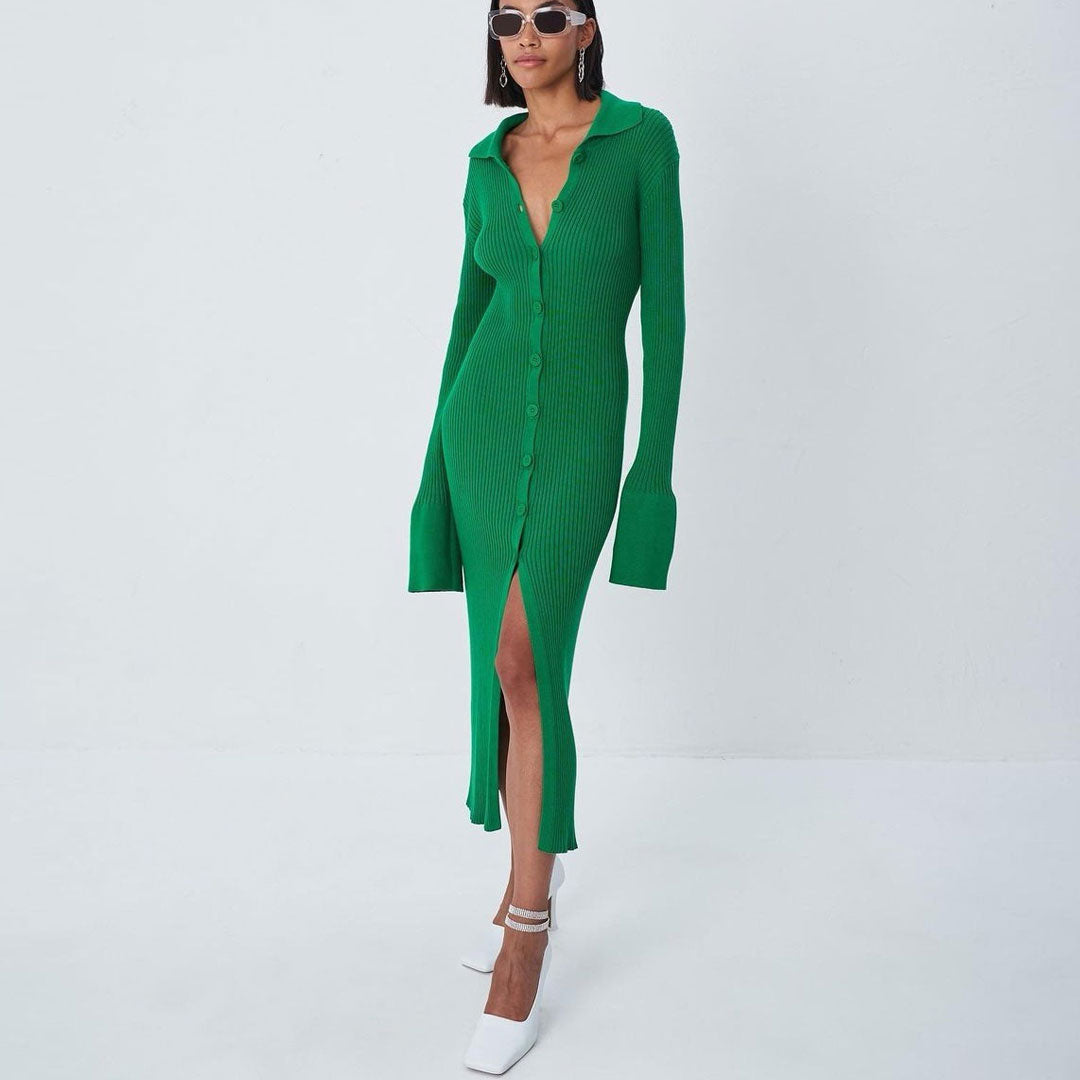 Collared Button Down Long Sleeve Split Trim Maxi Dress - Green