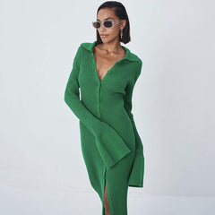 Collared Button Down Long Sleeve Split Trim Maxi Dress - Green