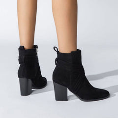 Crisscross Strap Pointed Toe Block Heel Suede Ankle Boots - Black