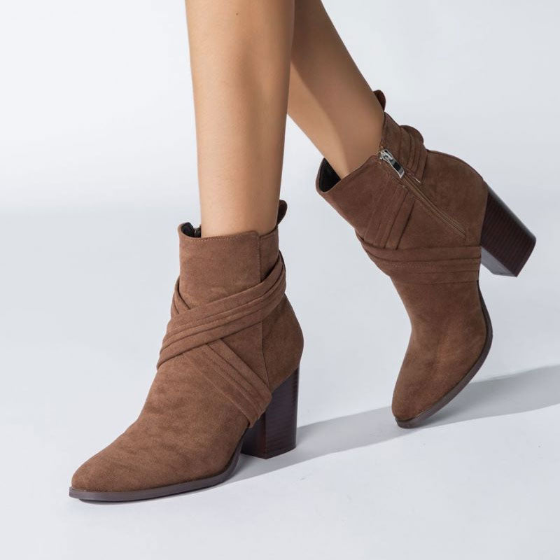 Crisscross Strap Pointed Toe Block Heel Suede Ankle Boots - Brown