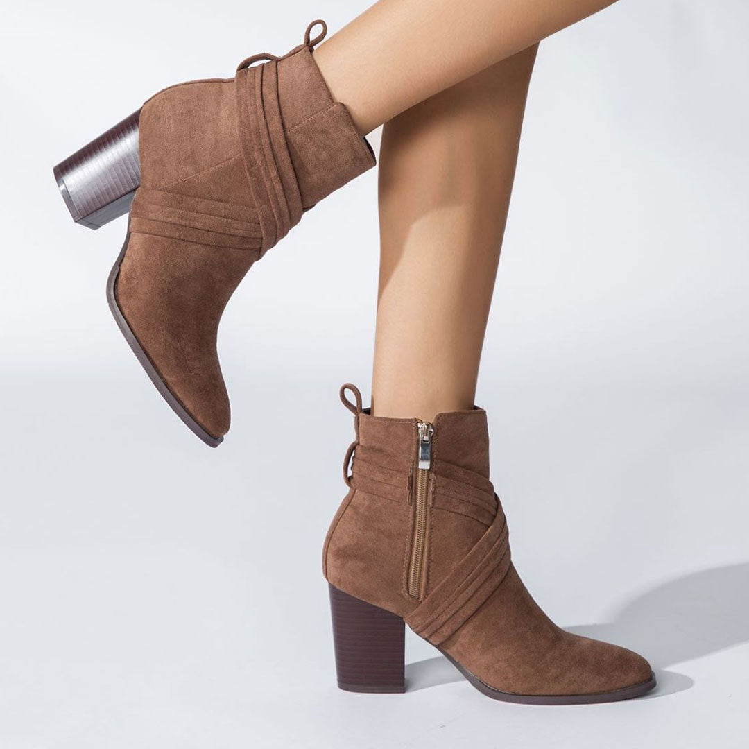 Crisscross Strap Pointed Toe Block Heel Suede Ankle Boots - Brown
