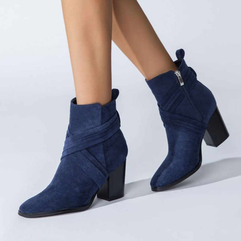 Crisscross Strap Pointed Toe Block Heel Suede Ankle Boots - Navy Blue