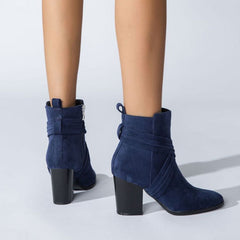 Crisscross Strap Pointed Toe Block Heel Suede Ankle Boots - Navy Blue