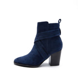 Crisscross Strap Pointed Toe Block Heel Suede Ankle Boots - Navy Blue