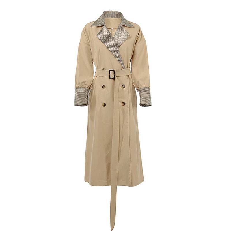 Gingham Print Belted Long Sleeve Double Breasted Trench Coat - Khaki