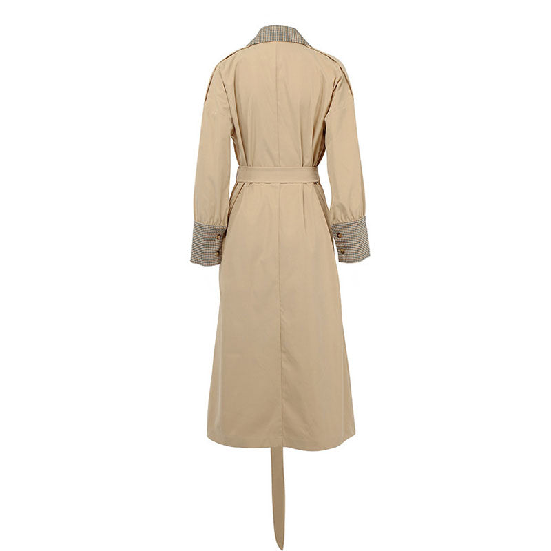 Gingham Print Belted Long Sleeve Double Breasted Trench Coat - Khaki