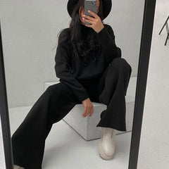 High Neck Pullover Sweater Wide Leg Pants Matching Set - Black