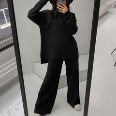 High Neck Pullover Sweater Wide Leg Pants Matching Set - Black