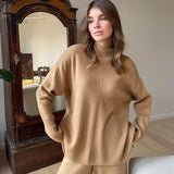 High Neck Pullover Sweater Wide Leg Pants Matching Set - Khaki