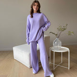 High Neck Pullover Sweater Wide Leg Pants Matching Set - Purple