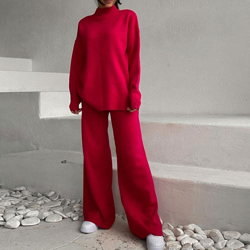 High Neck Pullover Sweater Wide Leg Pants Matching Set - Red