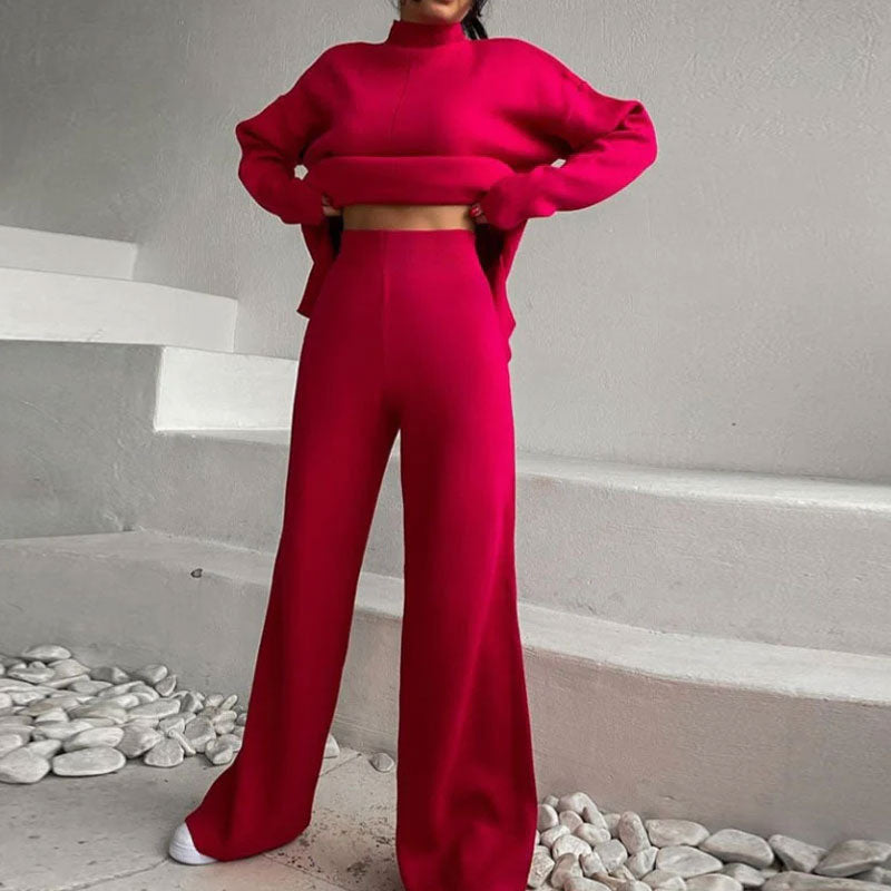 High Neck Pullover Sweater Wide Leg Pants Matching Set - Red