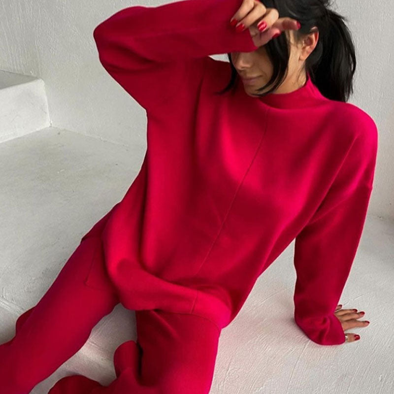 High Neck Pullover Sweater Wide Leg Pants Matching Set - Red