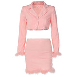 Long Sleeve Crop Blazer Feather Trim Mini Skirt Matching Set - Pink