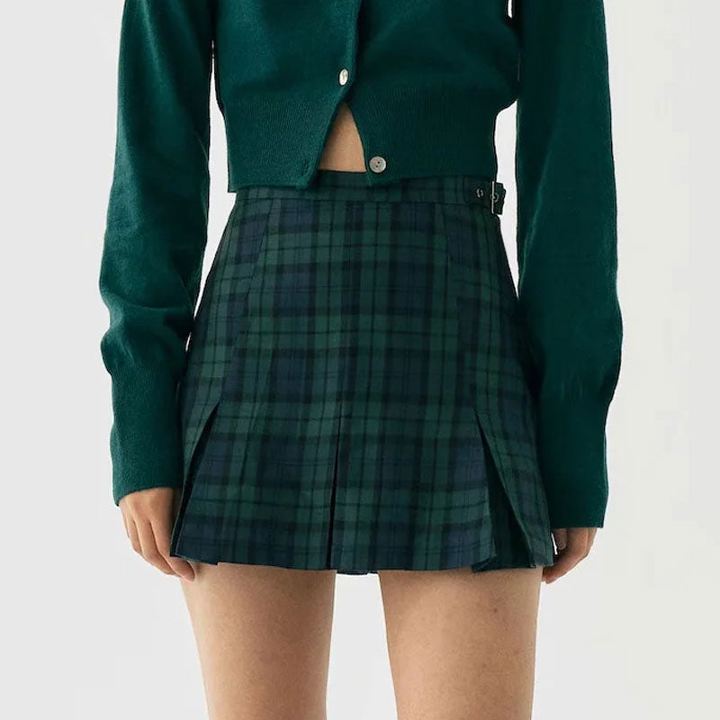 Plaid Print High Waist Buckle Pleated Mini Skirt - Emerald Green
