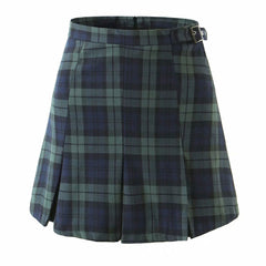 Plaid Print High Waist Buckle Pleated Mini Skirt - Emerald Green