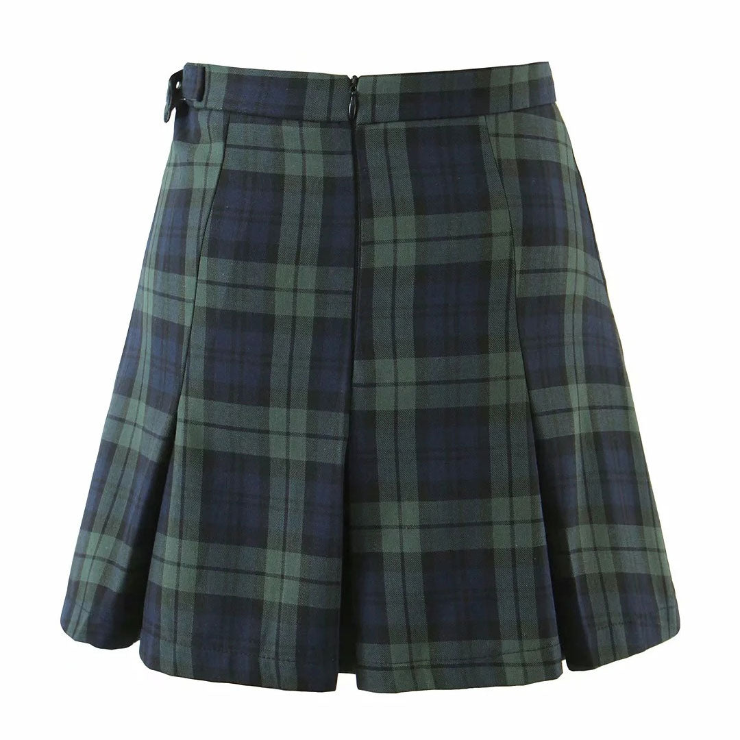 Plaid Print High Waist Buckle Pleated Mini Skirt - Emerald Green