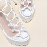 PVC Lace Up Peep Toe Lug Sole Chunky High Heel Platform Boots - White