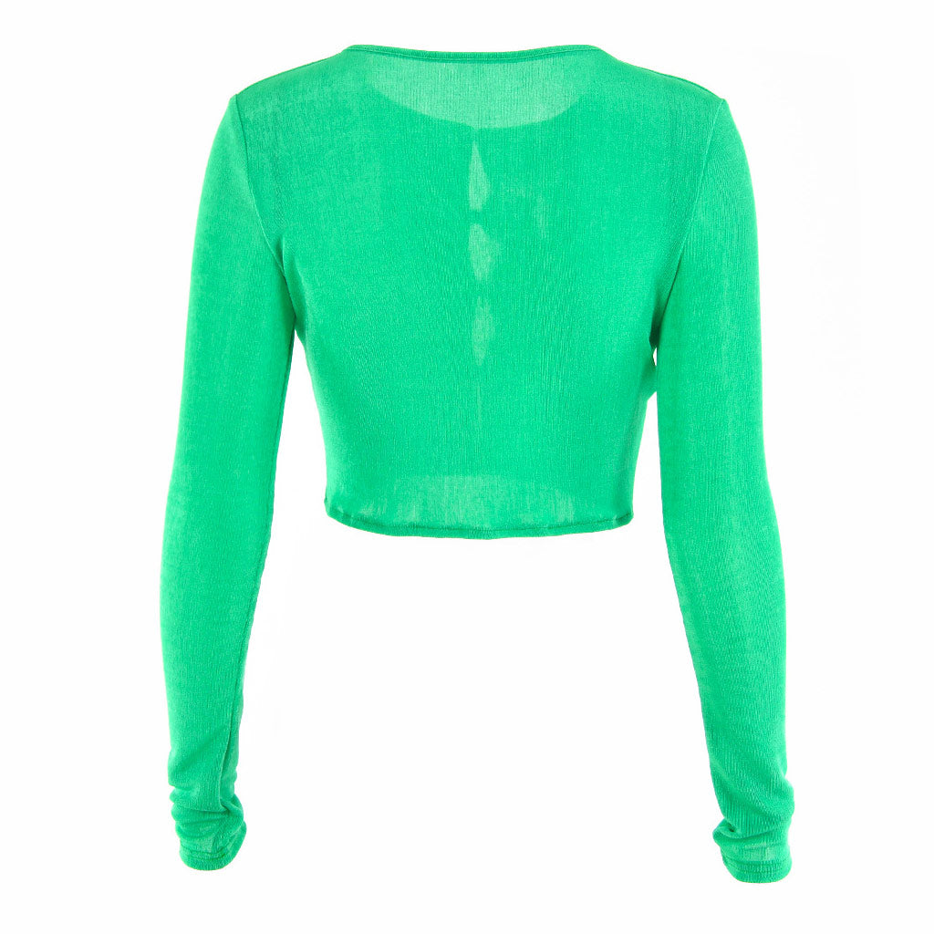 Round Neck Button Up Long Sleeve Crop Top - Green