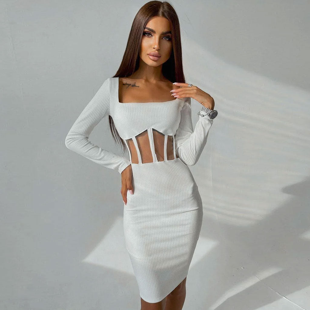 Vestido midi con escote cuadrado, manga larga y panel de malla - Blanco