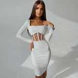 Square Neck Long Sleeve Mesh Panel Midi Dress - White
