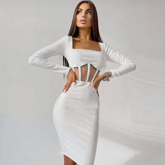 Vestido midi con escote cuadrado, manga larga y panel de malla - Blanco