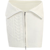 Textured Cable Knit Ribbed Trim Foldover Zip Front Mini Skirt - White