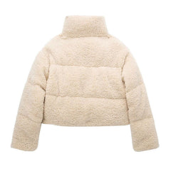 Zipped Drop Shoulder Long Sleeve Stand Collar Cropped Puffer Coat - Beige