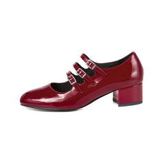 Buckle Strap Patent Leather Block Heel Mary Jane Pumps - Burgundy