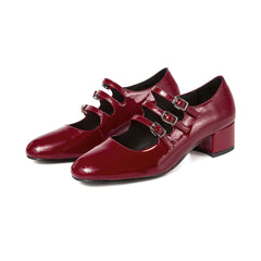 Buckle Strap Patent Leather Block Heel Mary Jane Pumps - Burgundy