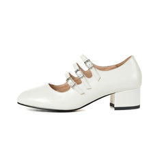 Buckle Strap Patent Leather Block Heel Mary Jane Pumps - White