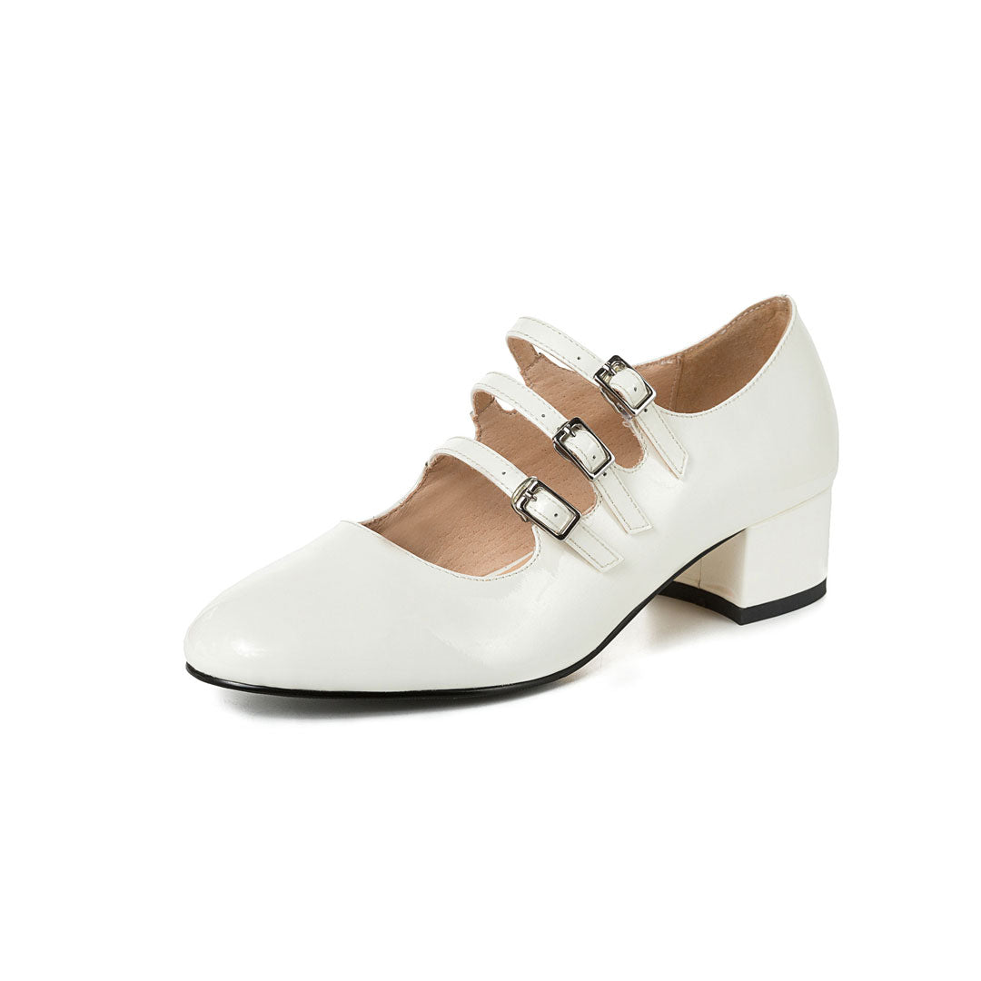 Buckle Strap Patent Leather Block Heel Mary Jane Pumps - White