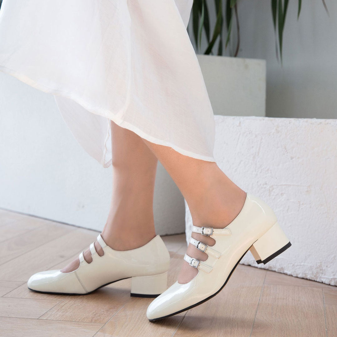 Buckle Strap Patent Leather Block Heel Mary Jane Pumps - White