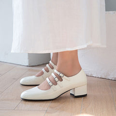 Buckle Strap Patent Leather Block Heel Mary Jane Pumps - White