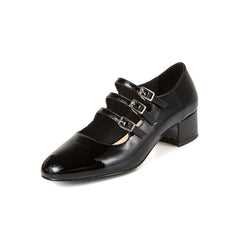 Buckle Strap Patent Leather Block Heel Mary Jane Pumps - Black