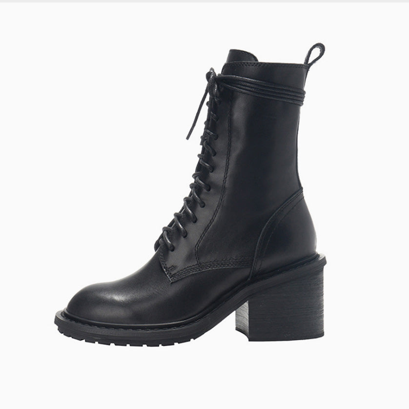 Narrow Calf Lace Up Chunky Heel Combat Boots - Black