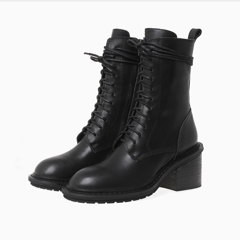 Narrow Calf Lace Up Chunky Heel Combat Boots - Black