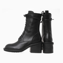 Narrow Calf Lace Up Chunky Heel Combat Boots - Black