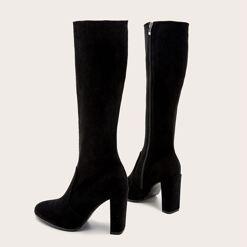 Pointed Toe Chunky High Heel Suede Knee High Boots - Black